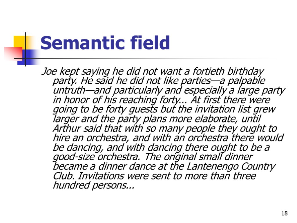 18 Semantic field Joe kept saying he did not want a fortieth birthday party.